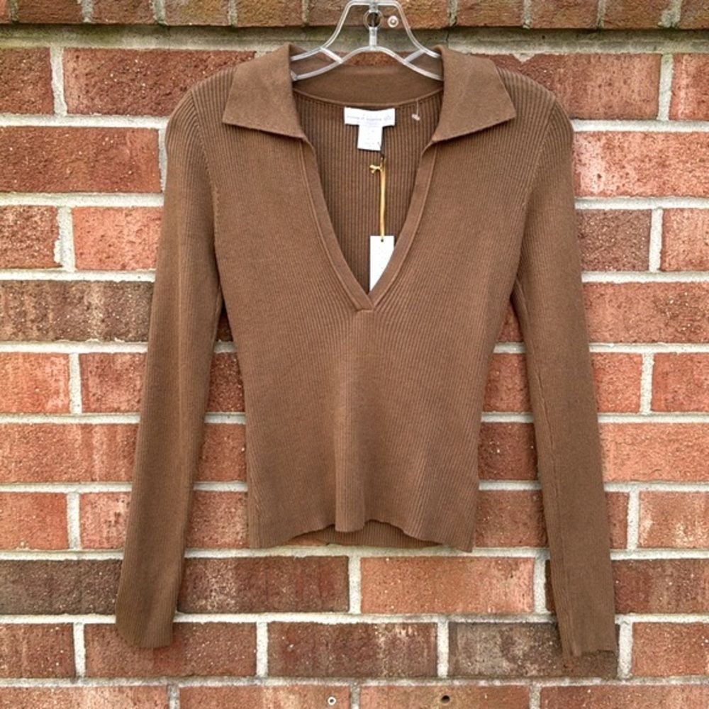 House of Harlow 1960 Deep V-Neck Ribbed Long Sleeve Sweater sz Small NWT Tan